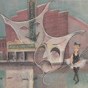 Opening Night Artist Proof by P. Buckley Moss depicting the Paramount Theatre in Ashland Kentucky with large theatrical faces and a costumed performer.