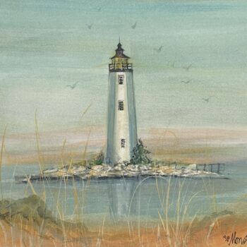 The Light Shines On by P. Buckley Moss depicting New Point Comfort Lighthouse in Mathews County Virginia.