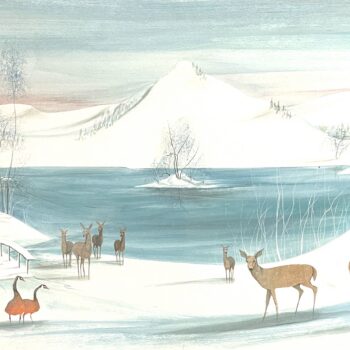 The Peaks Visitor by P. Buckley Moss with deer and geese in a snowy Peaks of Otter mountain landscape.