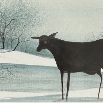 Winter Farm by P. Buckley Moss showing a cow before a distant barn in a snowy turquoise farm landscape.