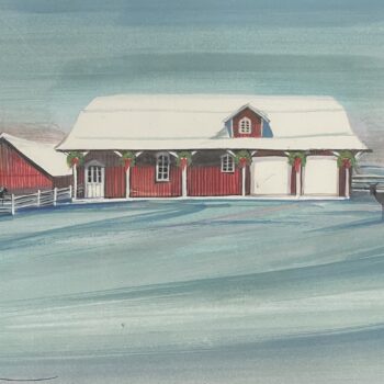 Winter At The Farm by P. Buckley Moss with red barn, deer and cattle in a snowy rural landscape.