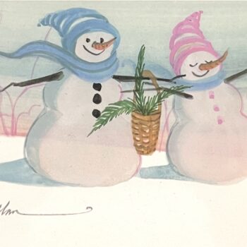 Winter Basket by P. Buckley Moss, 2007 lithograph with two snowmen sharing an evergreen basket.