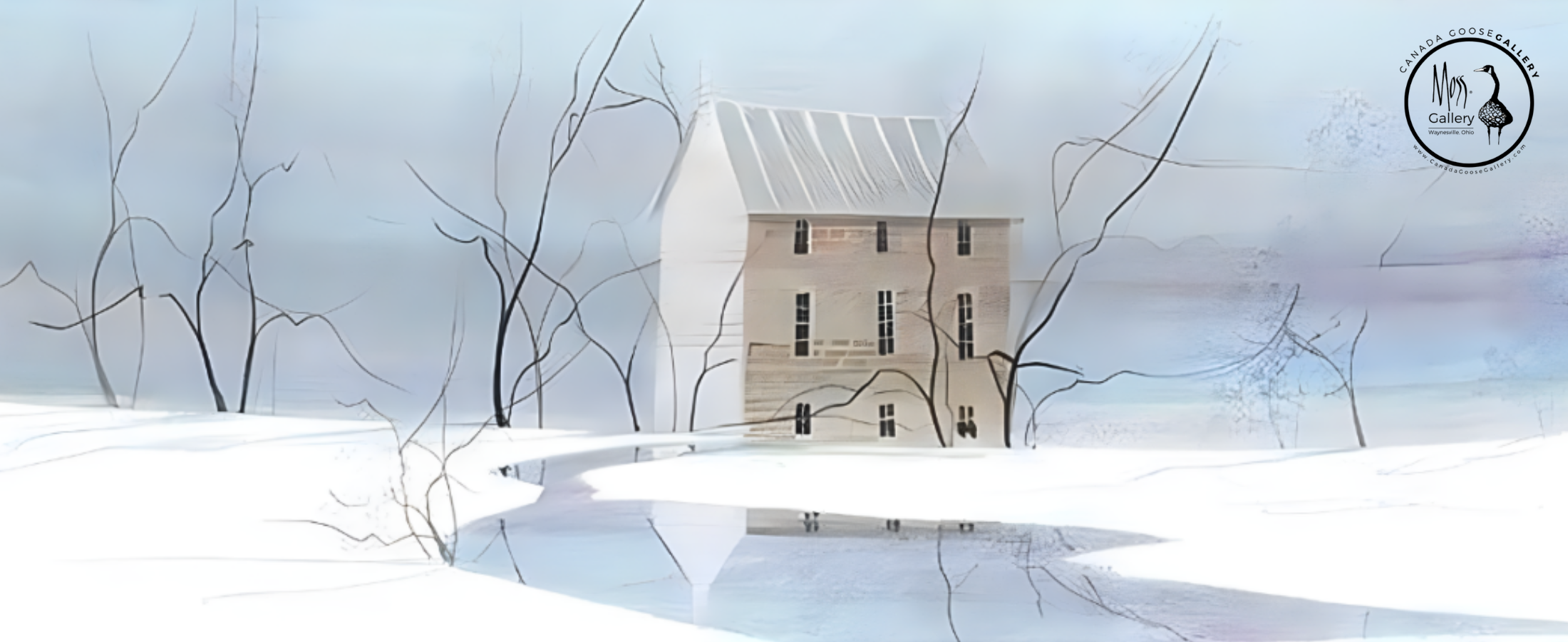 Curated P. Buckley Moss collections featuring an American mill, water and swans