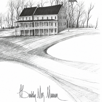 P Buckley Moss Museum 1989 sketch showing the Waynesboro Virginia museum with American flag and bare trees.