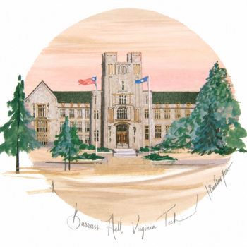 Burruss Hall Virginia Tech by P. Buckley Moss limited-edition lithograph depicting the landmark campus building with trees and flags.
