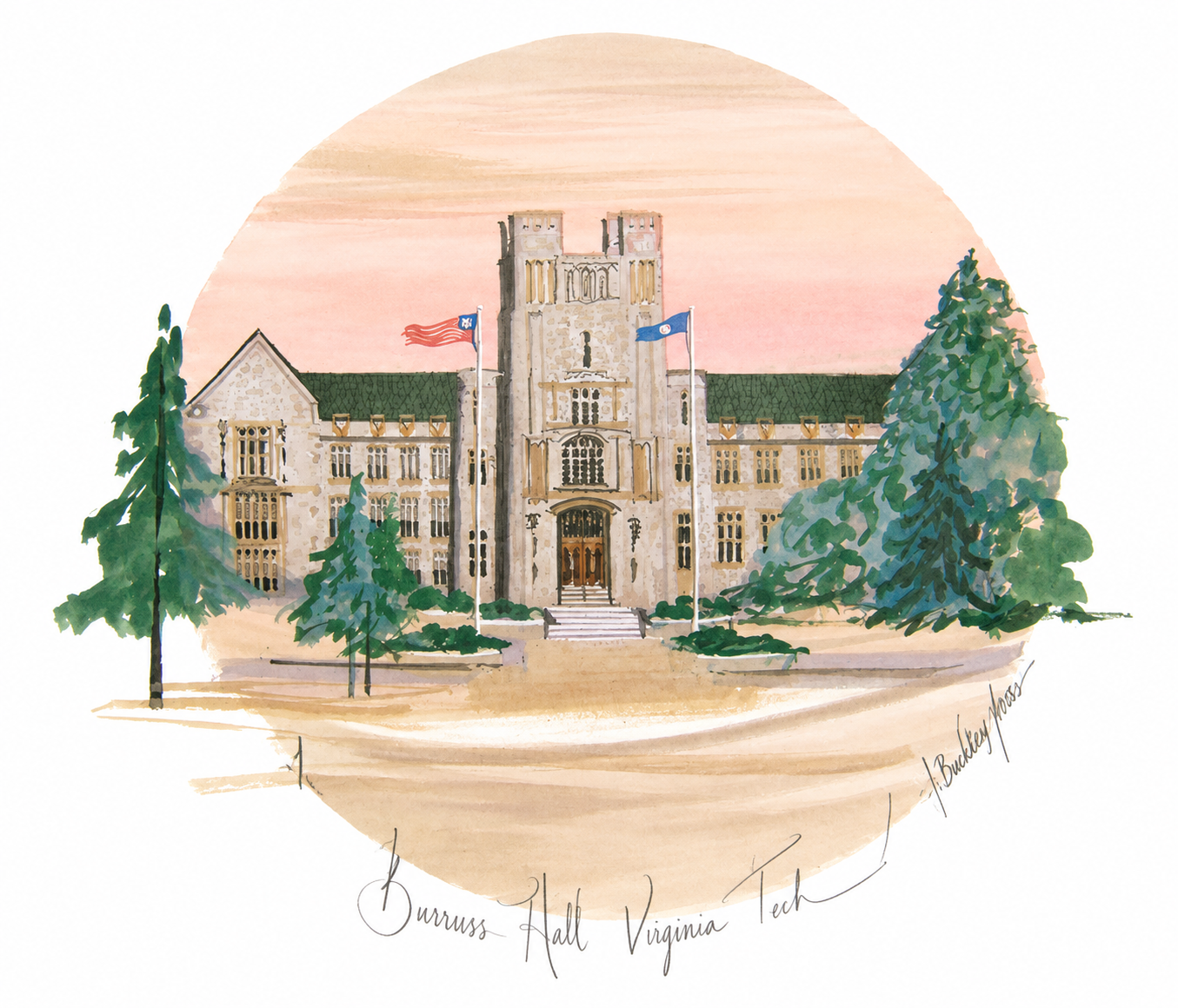 Burruss Hall Virginia Tech by P. Buckley Moss limited-edition lithograph depicting the landmark campus building with trees and flags.