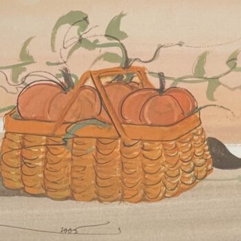 Autumn Basket by P. Buckley Moss 2006 lithograph with pumpkins in a woven basket, green vines and black cat.