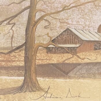 Autumn Dusk by P. Buckley Moss 2004 limited edition lithograph of a rural barn, large tree and autumn fields.