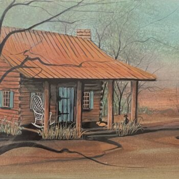 Family Getaway by P. Buckley Moss 2016 limited edition giclée of a rustic cabin, porch and rural landscape.