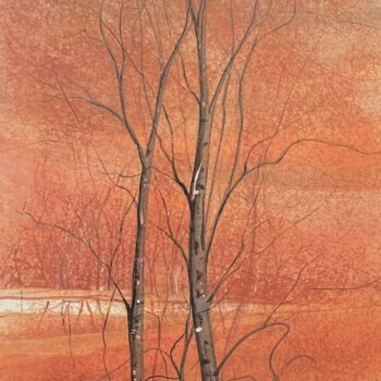 Fire In The Sky by P. Buckley Moss 2016 limited edition giclée with dark trees against an intense orange landscape.