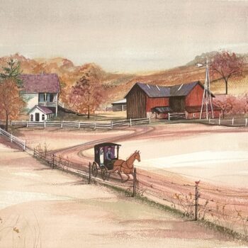 Graceful Autumn Ride by P. Buckley Moss showing a horse-drawn buggy at Yoder’s Amish Home in Millersburg Ohio.