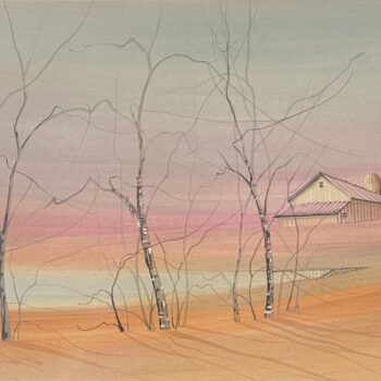 Morning Hush by P. Buckley Moss 2011 limited edition giclée with slender trees and distant barn in an autumn landscape.