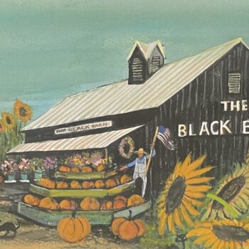 Our Black Barn Remarque 68 by P. Buckley Moss with black barn, sunflowers, pumpkins, cats and hand-painted additions.