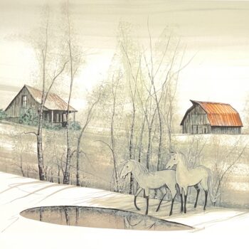 Quiet Homestead by P. Buckley Moss with two pale horses, farmhouse, barn, bare trees and rolling rural fields.