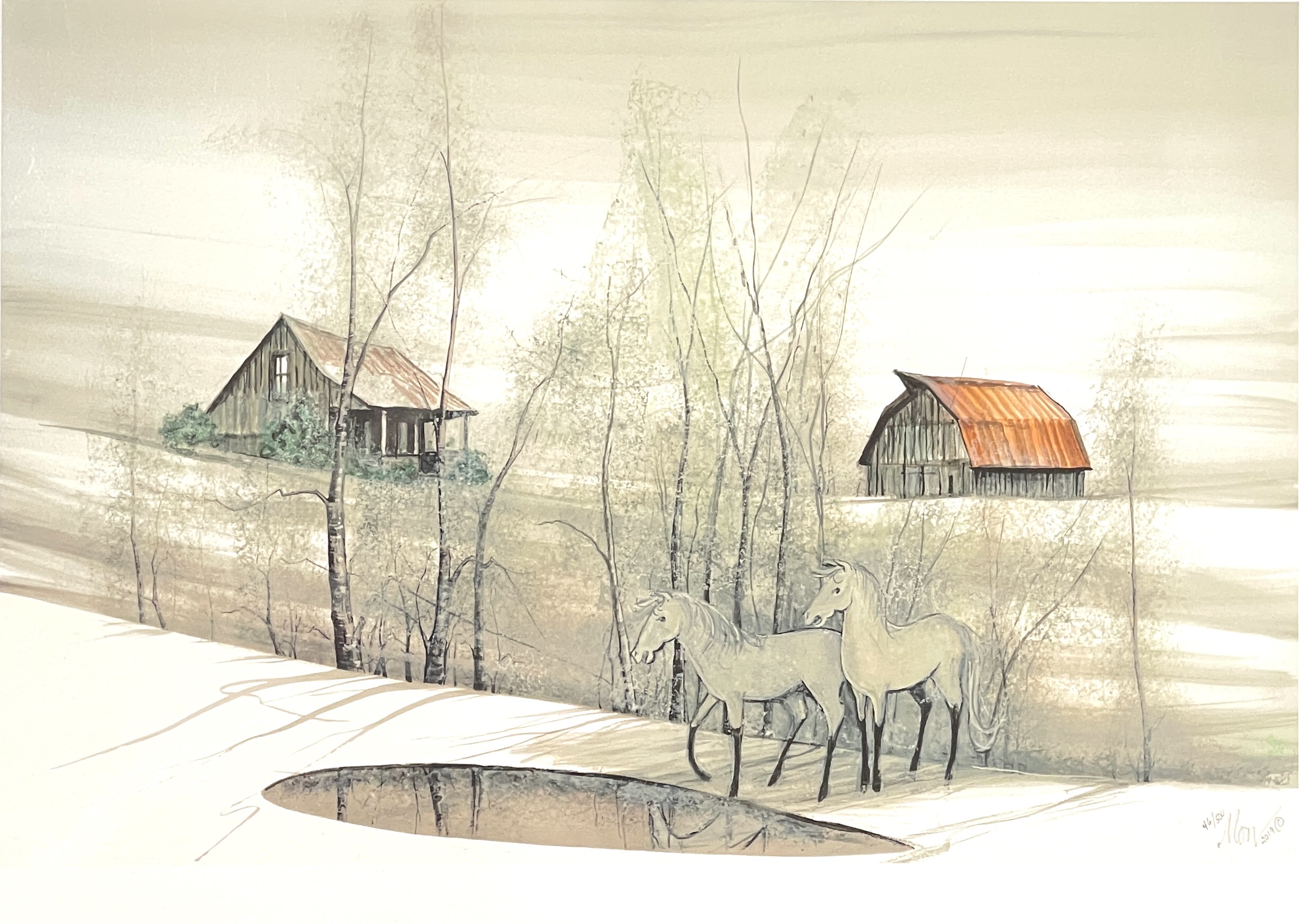 Quiet Homestead by P. Buckley Moss with two pale horses, farmhouse, barn, bare trees and rolling rural fields.