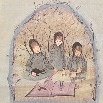 Reading Together Artist Proof by P. Buckley Moss showing three young women gathered around an open illustrated book.