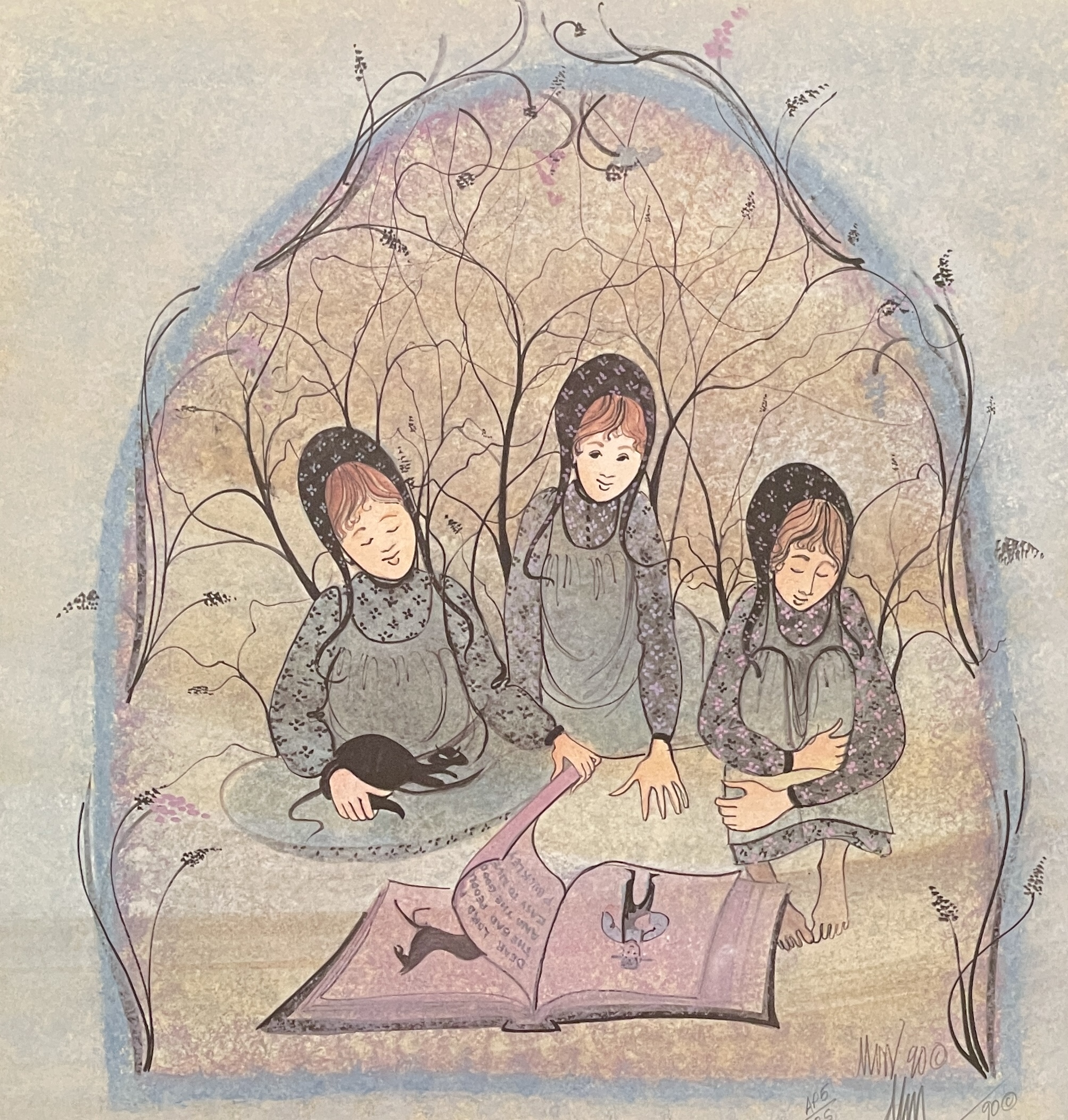 Reading Together Artist Proof by P. Buckley Moss showing three young women gathered around an open illustrated book.