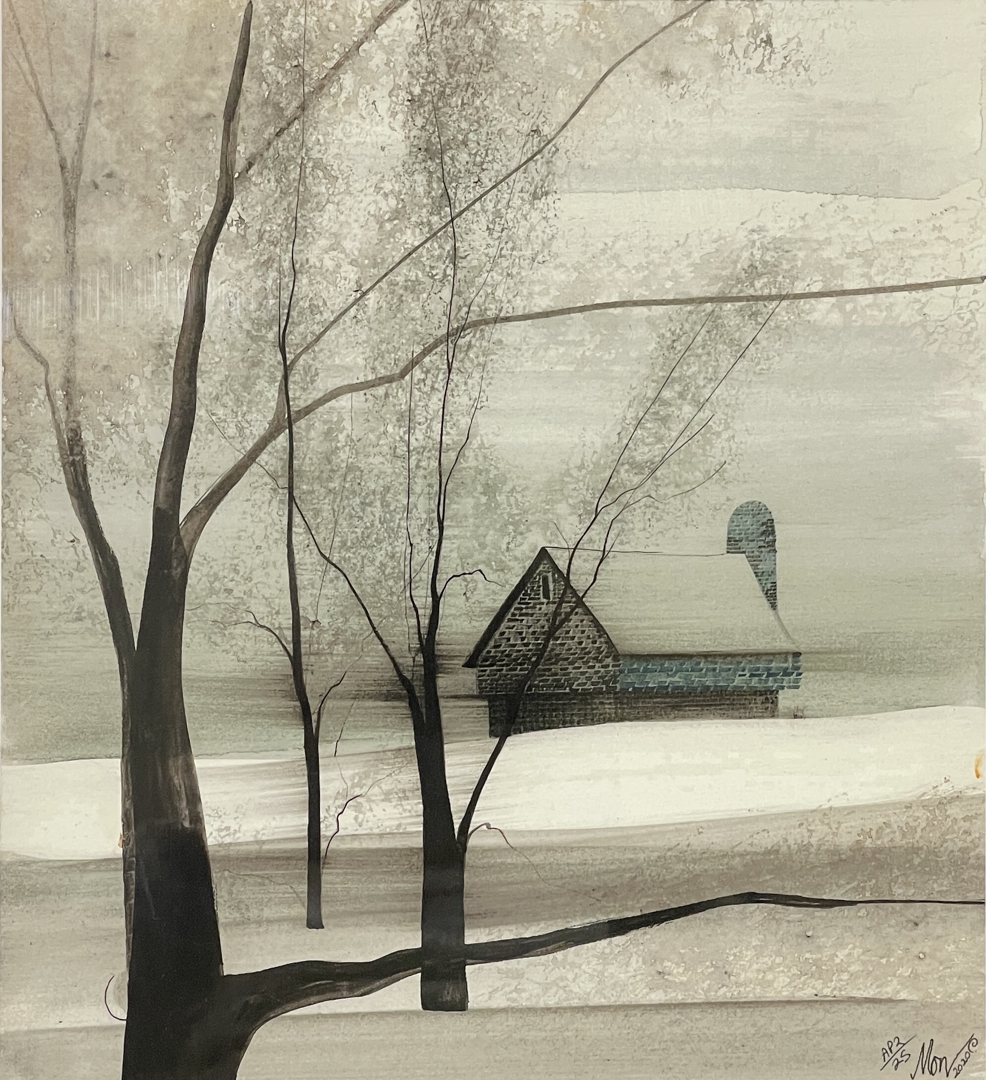Solace Artist Proof by P. Buckley Moss showing a winter barn beyond dark bare trees and snow-covered countryside.