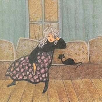 Victoria Artist Proof by P. Buckley Moss showing a silver-haired woman seated on a patterned sofa beside a black cat.