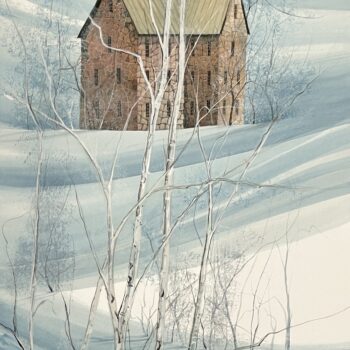 Winter Memories by P. Buckley Moss showing a stone house beyond white-barked trees and rolling blue-white snow.