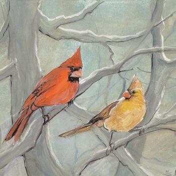 Woodland Winter by P. Buckley Moss showing male and female Northern Cardinals perched among gray winter branches.