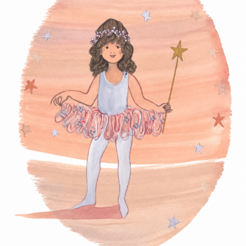 Jacqueline by P. Buckley Moss showing a young ballerina in a pale blue leotard and pink tutu holding a gold star wand against a peach backdrop.