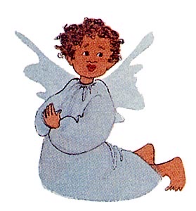 Blue Angel Artist Proof by P. Buckley Moss depicting a smiling curly-haired child angel with pale blue-green wings and gown.