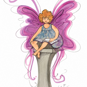 Angel Above by P. Buckley Moss depicting a curly-haired young angel with lavender wings reading an open book while seated on a gray pedestal.