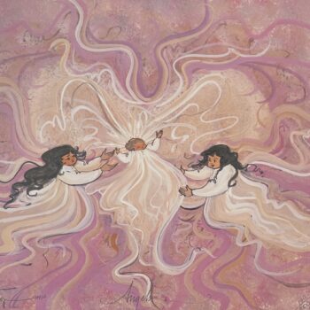 Angels by P. Buckley Moss featuring three white-robed angelic figures reaching toward one another amid swirling pink and lavender forms.