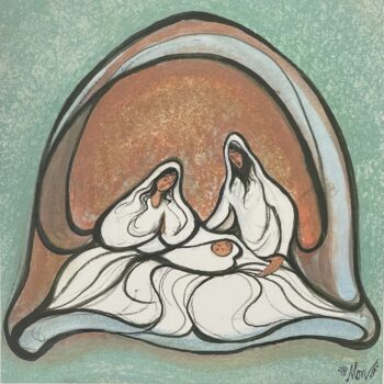 Away In A Manger by P. Buckley Moss showing Mary praying beside the infant Jesus and a second robed figure within a rounded arch.
