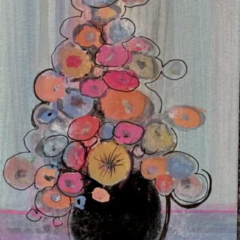 Floral Blue Still Life Painting by P. Buckley Moss featuring colorful pink, orange, blue, and yellow flowers in a dark vase against a blue background.