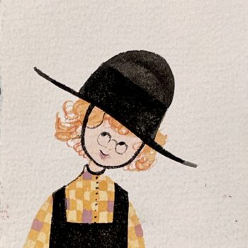 Boy With Glasses Painting - Original 1986 P. Buckley Moss watercolor of a smiling boy wearing round glasses, a black hat, a yellow checked shirt, and dark overalls.