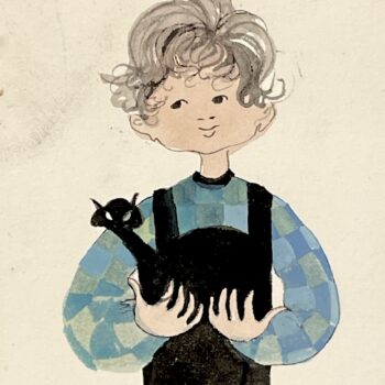 Boy With Cat Painting by P. Buckley Moss depicting a smiling boy in a blue-green checked shirt holding a black cat.
