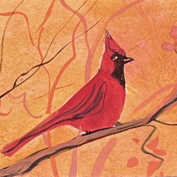 Cardinal Bird Painting by P. Buckley Moss showing a red cardinal with a pointed crest perched on a branch against a warm orange background.