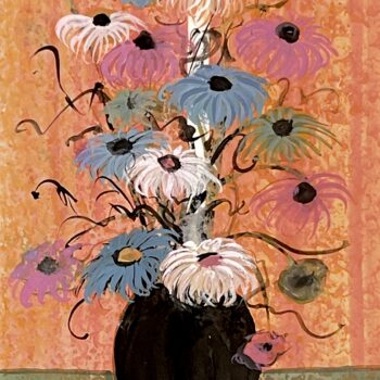 Elegant Floral Painting by P. Buckley Moss featuring colorful white, blue, lavender, and pink flowers in a black vase against a textured orange background.