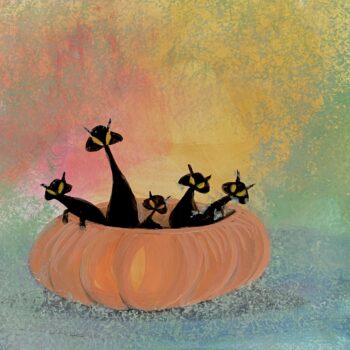 Cats In A Pumpkin Painting by P. Buckley Moss showing five whimsical black cats inside an orange pumpkin against a colorful watercolor background