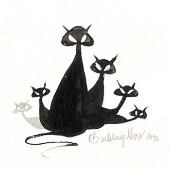 Six Cats Painting by P. Buckley Moss, 2010 original watercolor featuring six stylized black cats with white eyes.