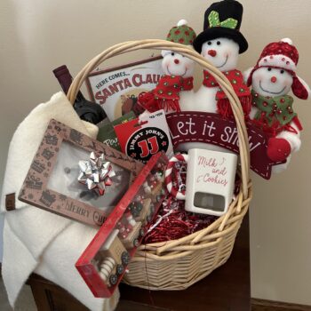 Basket #3 Large Christmas Basket with snowman decorations, Christmas signs, cream shawl, Milk and Cookies mug, gift cards and wine.