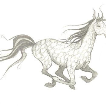 Racing Horse Original Sketch by P. Buckley Moss showing a galloping horse with flowing mane and tail in detailed gray monochromatic linework against a white background.